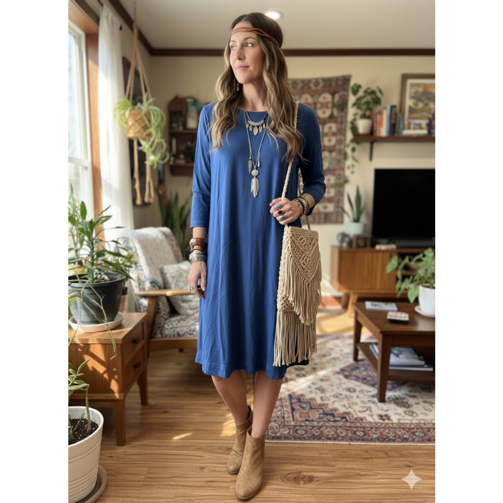 Eileen Fisher Blue Jersey Knit Long Sleeve A Line Tunic Dress XL
